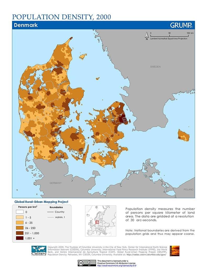 Данія карце шчыльнасці насельніцтва