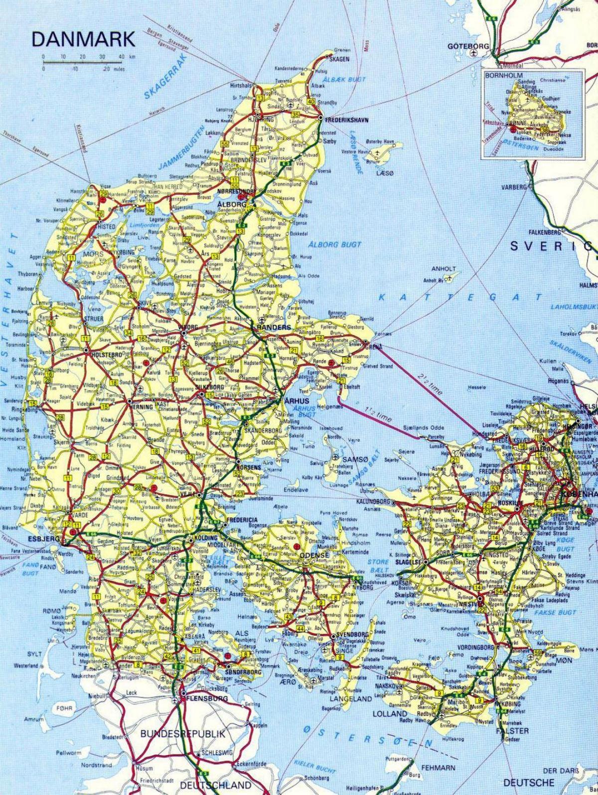 карта Даніі з гарадамі