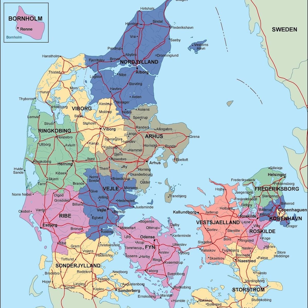 Карта Даніі палітычныя 